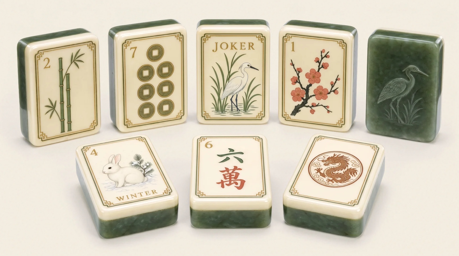 The Egret & Reed tile set — jade-backed ivory tiles, laid out